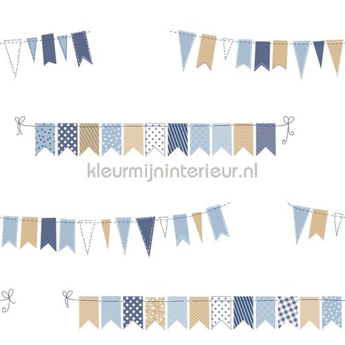 Kleine vlaggetjes blauw behang 303206 jongens Rasch