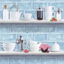 Lichtblauwe tegels met planken behang L33301 Keuken Dutch Wallcoverings