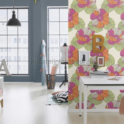 Grote retro bloemen behang 804911 Interieurvoorbeelden behang Rasch