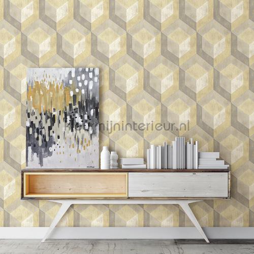 3d stacked cubics grey yellow tapet FD22309 Reclaimed Dutch Wallcoverings