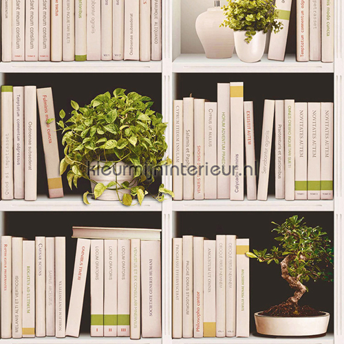 Boekenkast en plantjes behang J79307 Interieurvoorbeelden behang Dutch Wallcoverings