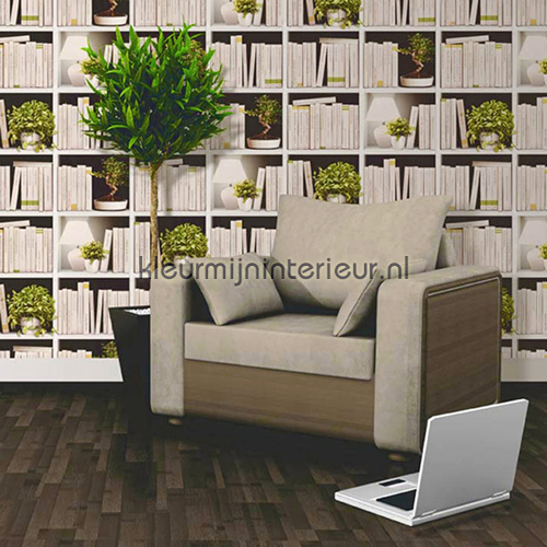 Boekenkast en plantjes behang J79307 Interieurvoorbeelden behang Dutch Wallcoverings