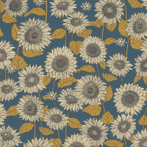 sunflowers oudblauw oker wallcovering Cottage Kleurmijninterieur