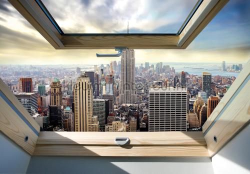 NY panorama window view fotobehang Bijzonder fotobehang Kleurmijninterieur