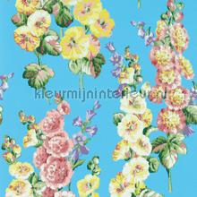 Hollyhocks Fire Pink Bright Blue papel de parede Sanderson quadrado 