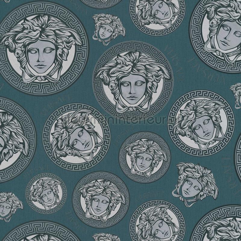 Medusa-muster-blau-metallic behang 386111 klassiek Versace wallpaper