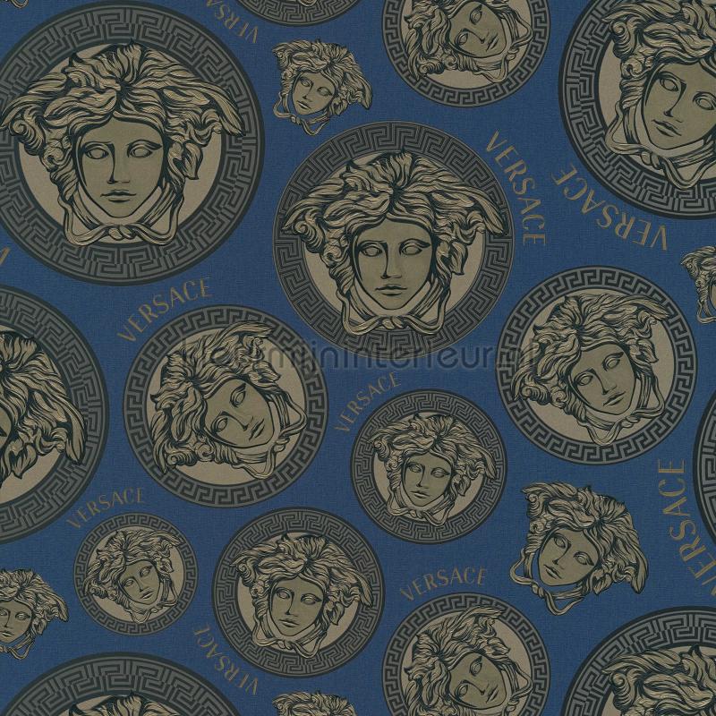 Medusa-design-blau-metallic behang 386113 klassiek Versace wallpaper