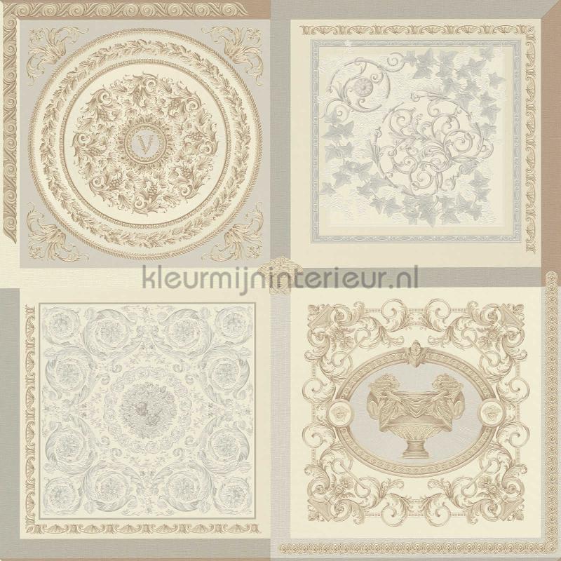 Ornament-im-kachel-muster-beige-grau-metallic behang 387042 klassiek Versace wallpaper