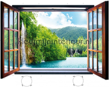 Waterfall view through open window fototapeten weltkarten 