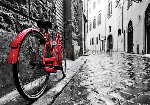 Red cycle in the street fotobehang Steden - Gebouwen Kleurmijninterieur
