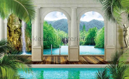 Waterfall view through columns fotobehang Zon - Zee - Strand Kleurmijninterieur