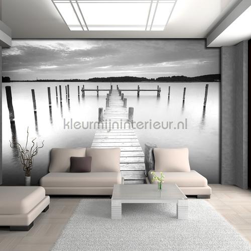 Walkway black and white fotobehang Zon - Zee - Strand Kleurmijninterieur