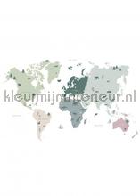 Wereldkaart voor kinderen mintgroen, grijs en roze fotomurali Esta for Kids Sun Mare Spiaggia 
